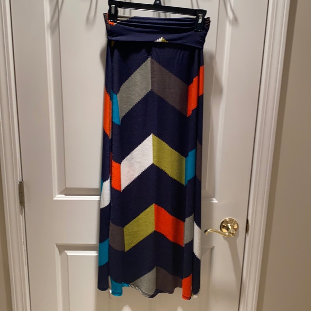 blue maxi skirt, white orange and light blue pattern, medium
